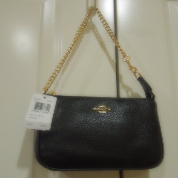 Coach NWT Black Pebbled Leather Large Wristlet - Picture 1 of 4